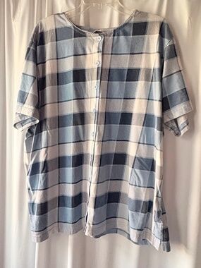 Vintage Fashion Bug Blue Plaid Short Sleeve Button Up Round Neck Shirt 26/28